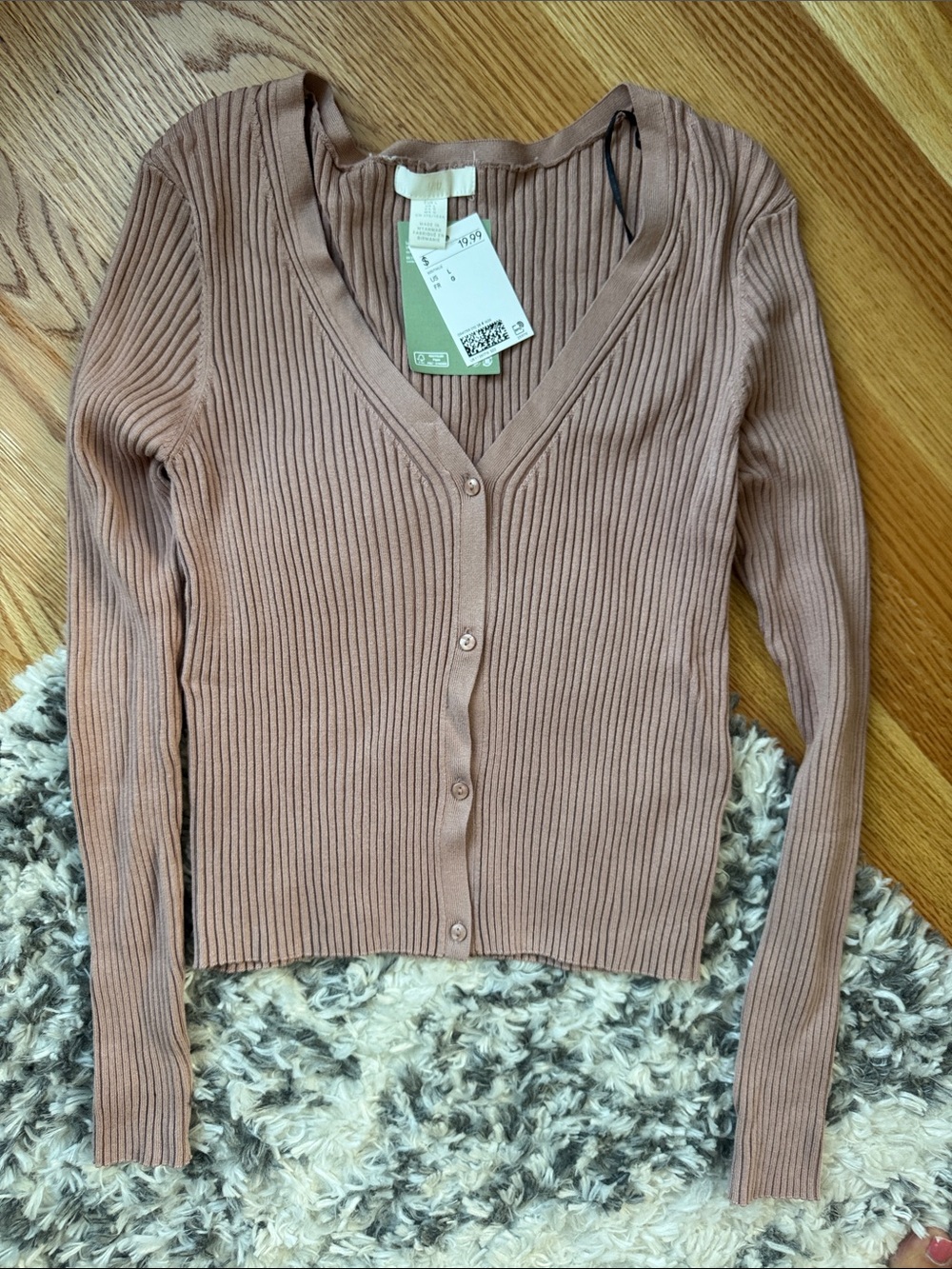 H&M Ribbed V-Neck Button Cardigan - Mauve